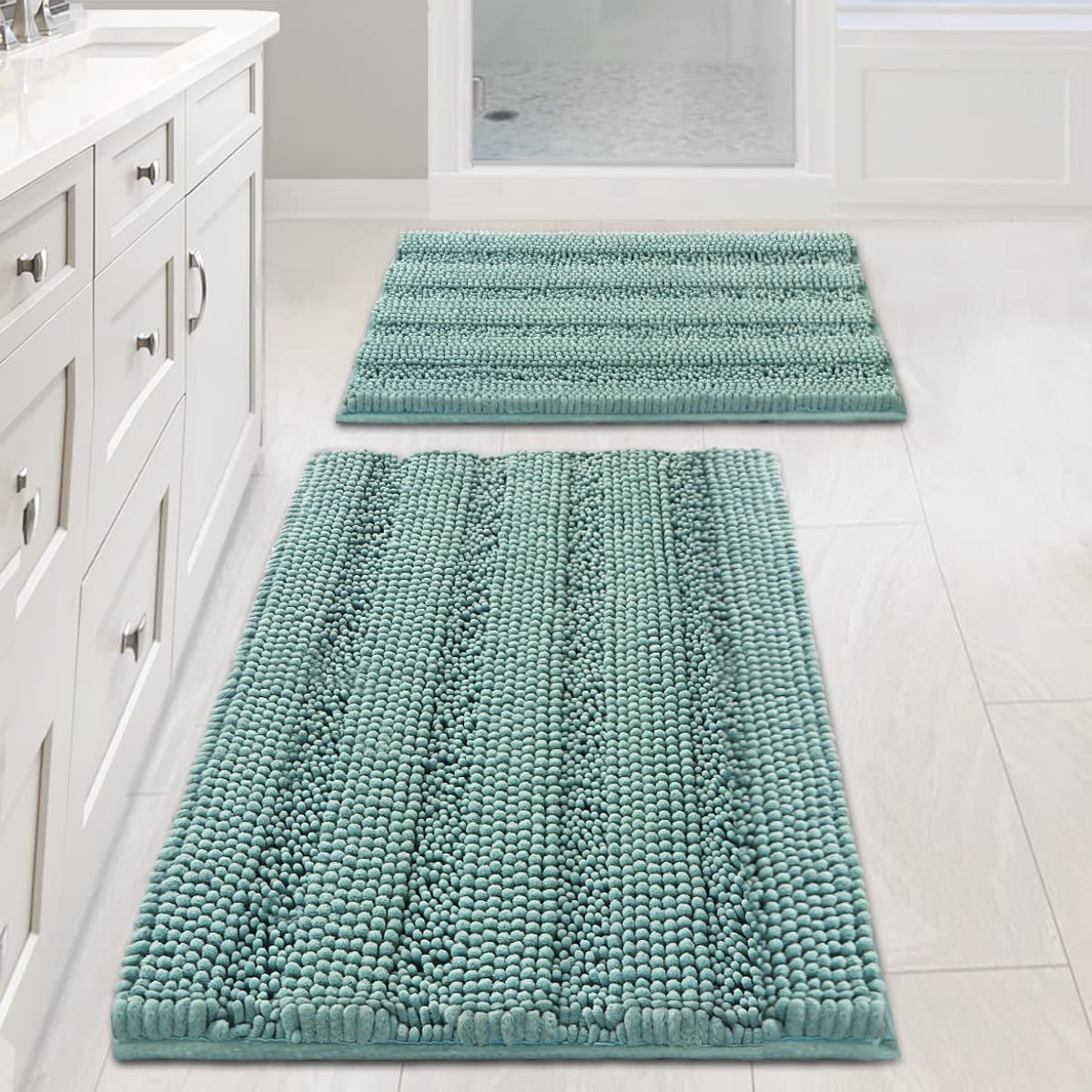 H.VERSAILTEX Grey Bathroom Rug Set Bath Mats, 2 Piece Bath Rugs Non Slip Thick Soft Chenille Striped Bath Rug Set, Bath Mats for Bathroom Sets (Grey, 20" x 32"/17" x 24")