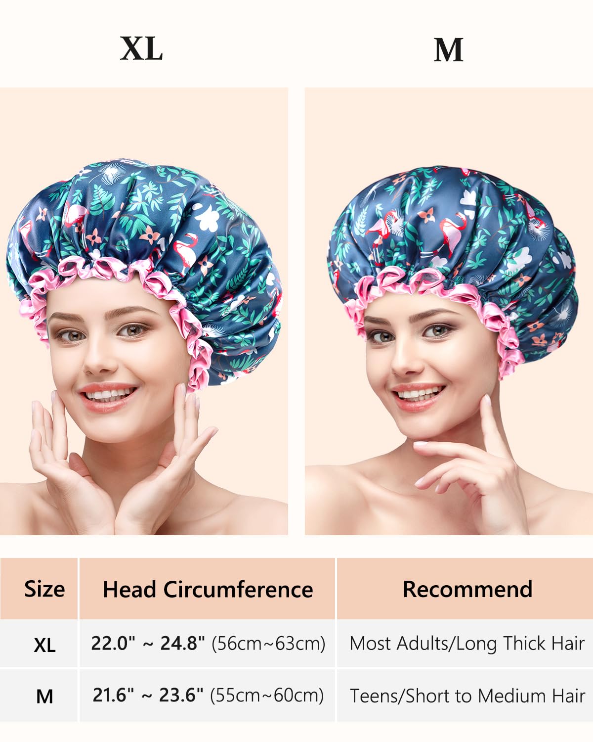 mikimini Large Shower Cap for Women Long Hair, 2 Pack,Flamingo Shower Caps with Pink Lace, Double-layer Waterproof, Reusable, Washable,X-Large (Pack of 2)