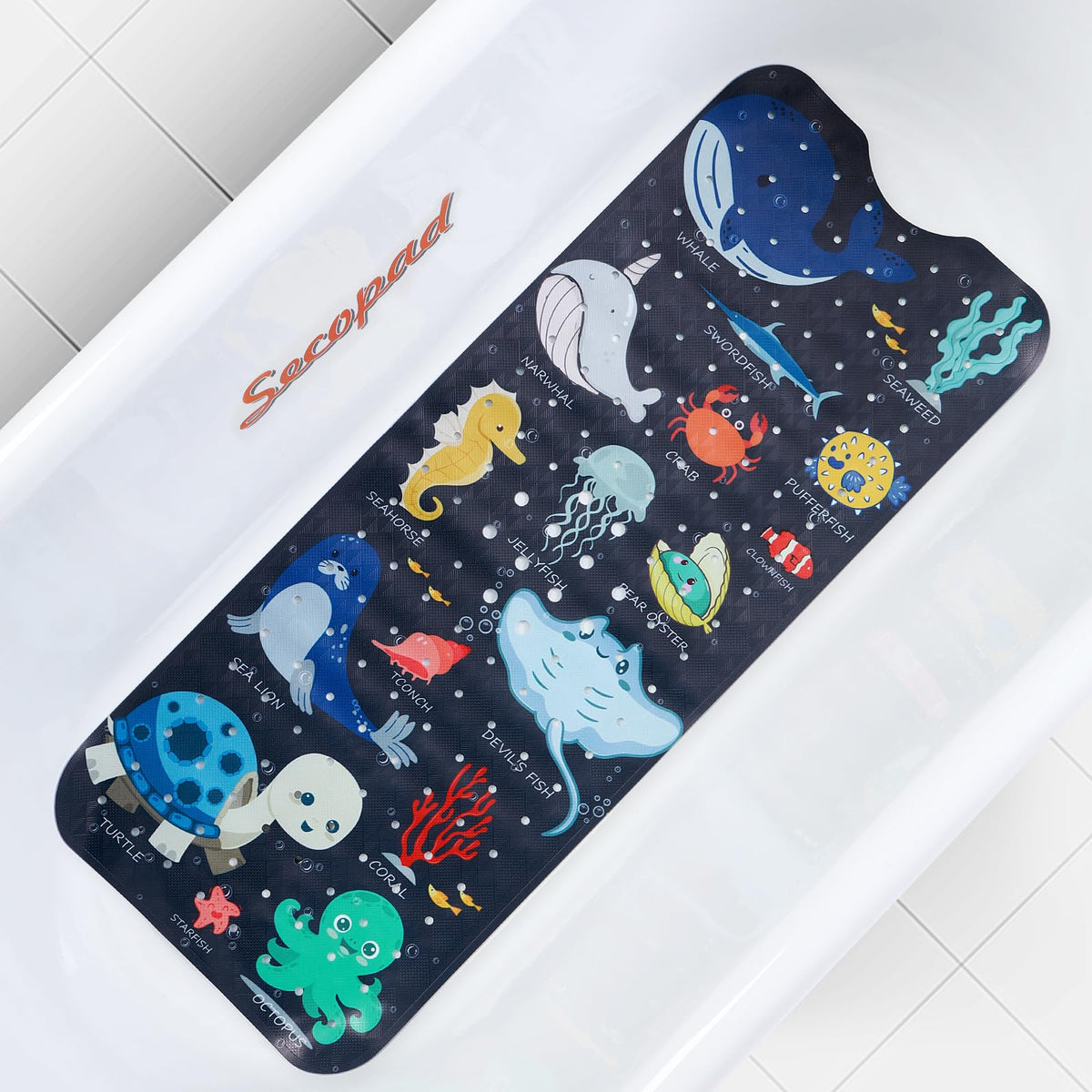 Secopad Bathtub Mat Non Slip, Cute Tub Mat, 40" x 16", Blue Sea Animals