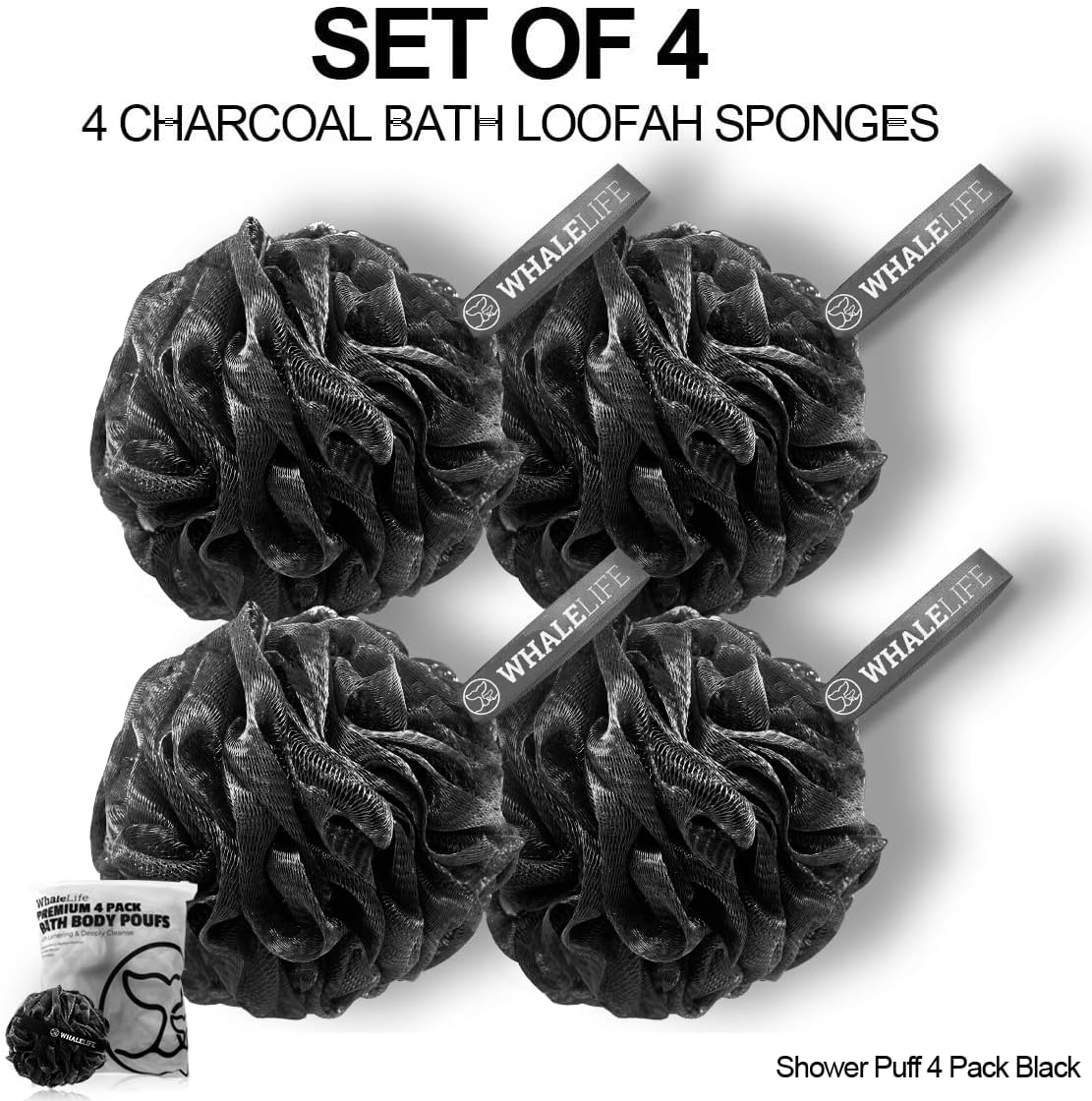 WhaleLife Bath Loofah Sponge for Shower - Body Scrubber 4-Pack Black