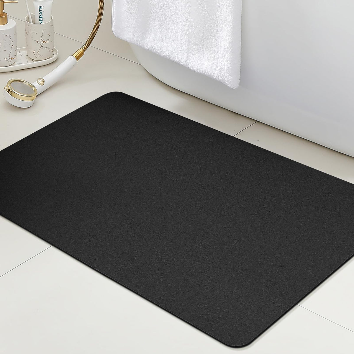 ACCUMTEK Non Slip Bath Mat, Thin Bathroom Rugs Fit Under Door, Quick Dry Bath Mats, Machine Washable Bath Rugs for Bathroom, Bathtub & Kitchen, Grey/Bordered/24 x17