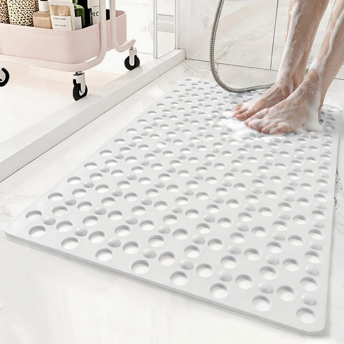 Non Slip Bathtub Mat and Shower Mat 31x17 inch,Bath Mat with Quick Dry Drain Holes and Suction Cups, Soft Comfortable Safe Bathroom Mat for Bath Tub, Floor, Tile (Grey)