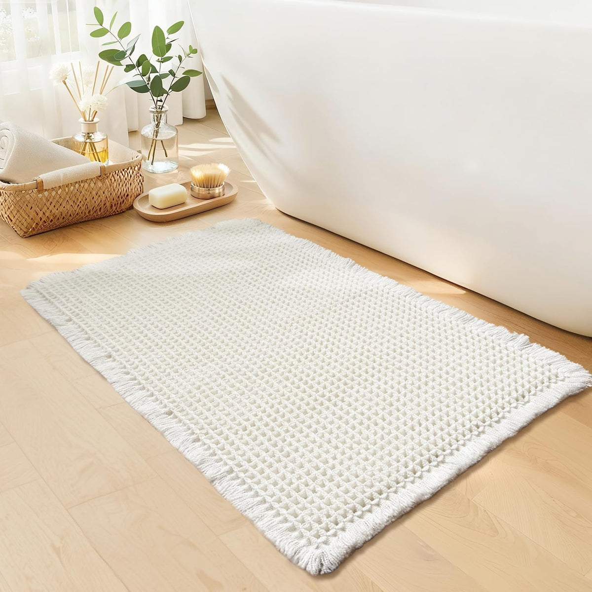 Waffle Bath Mat, Boho Bathroom Rugs Non Slip Washable, 18" x 30"