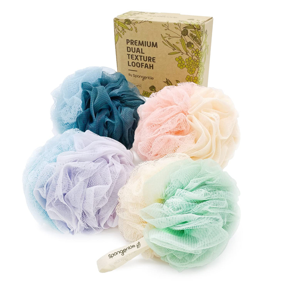 Spongentle Shower Loofah Bath Sponge, Body Scrubber with Soft Mesh, Exfoliating Bath Pouf and Body Wash Sponge for Women and Men, Bath Accessories Cleaning Tool, Large 60g 4 Pack