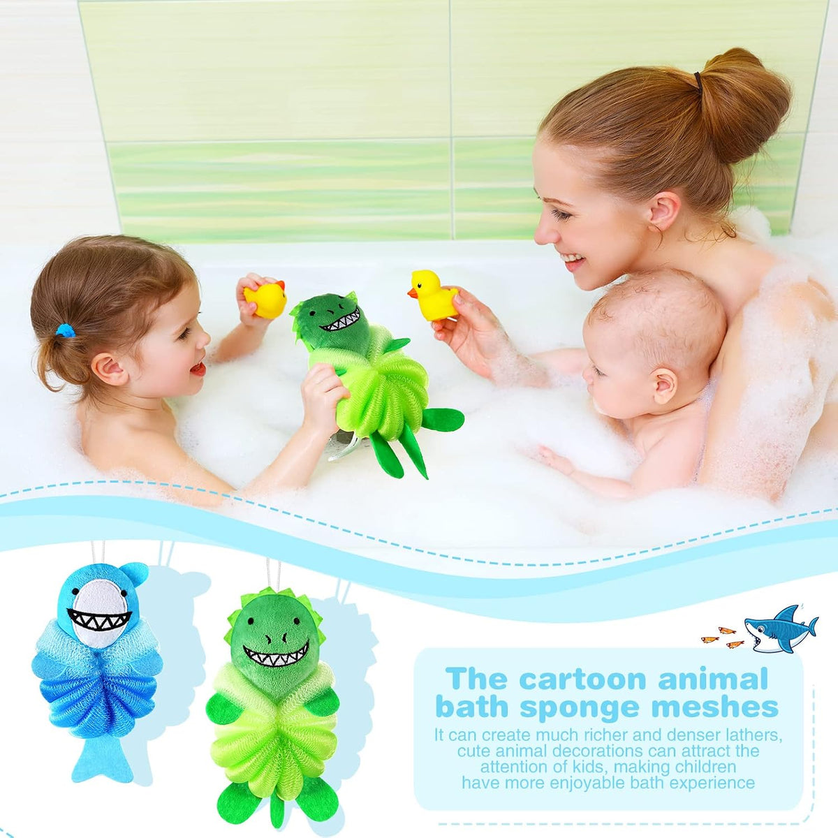 Nuenen 2 Pcs Kids Bath Loofahs, Shark, Monster