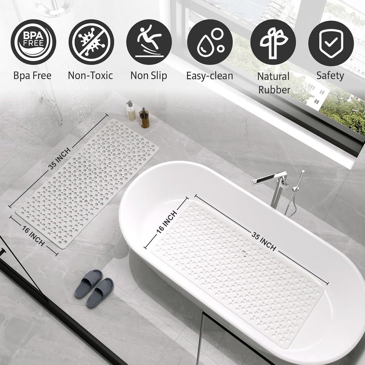 XIYUNTE Shower Mat Non Slip Bath Mat for Tub - 35" x 16" Soft TPE Bathtub Mat Non Slip Shower Mats for Inside Shower, Anti Slip Shower Mat with Suction Cups, Quick-Drying Bath Tub Mat, White