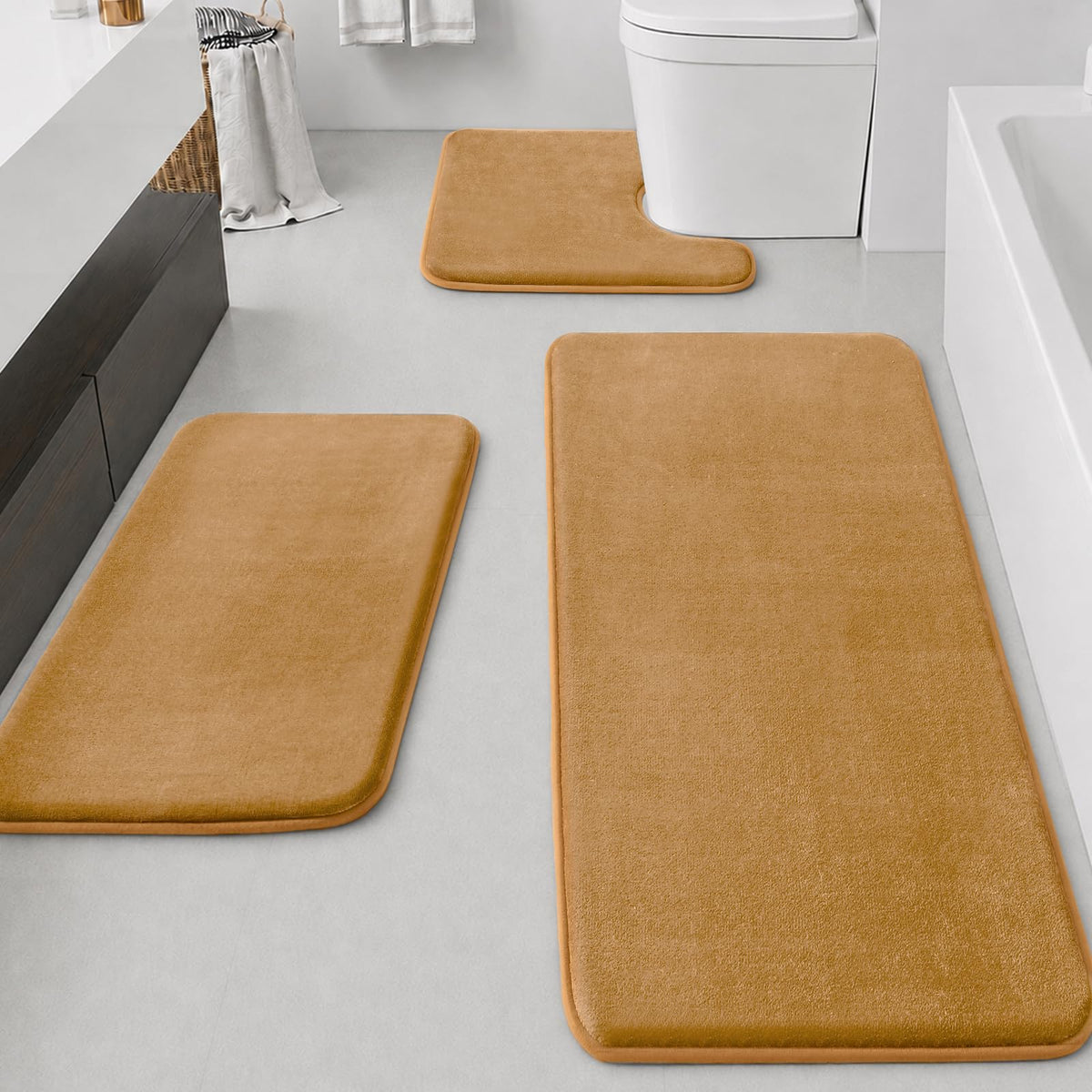 HUXMEYSON Bathroom Rugs Sets 3 Piece, Non-Slip & Quick Dry Bath Mat Set, Ultra Soft Velvet Bath Rugs for Bathroom, Toilet and Shower Floor, Grey