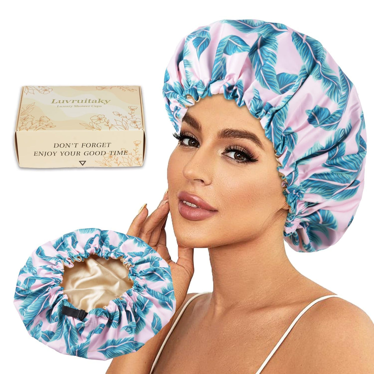 2Pcs Shower Caps for Women Shower Cap Reusable Waterproof Hair Cap for Shower with Adjustable Bowknot Luxury Bath Cap for Women (Black Dot & Pink Dot)