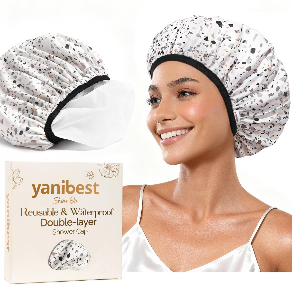 Yanibest Shower Cap Reusable Waterproof, Double Layer Shower Caps for Women