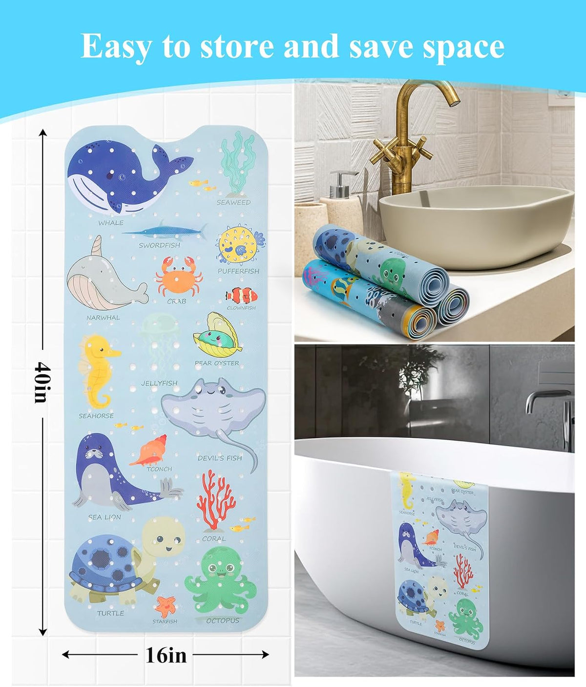 Secopad Bathtub Mat Non Slip, Cute Tub Mat, 40" x 16", Blue Sea Animals