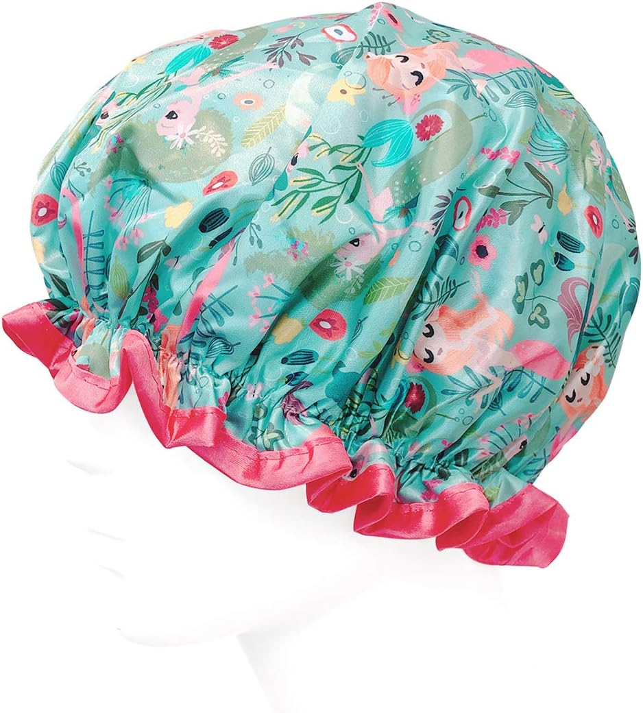 allydrew Reusable Women's Waterproof Shower Caps for Long Hair, Mermaids