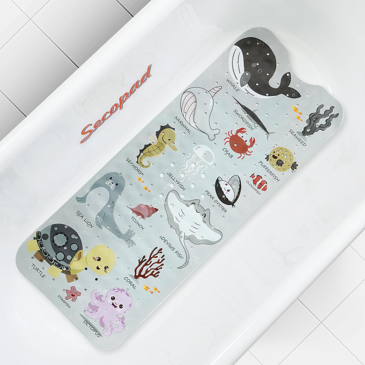 Secopad Bathtub Mat Non Slip, Cute Tub Mat, 40" x 16", Blue Sea Animals