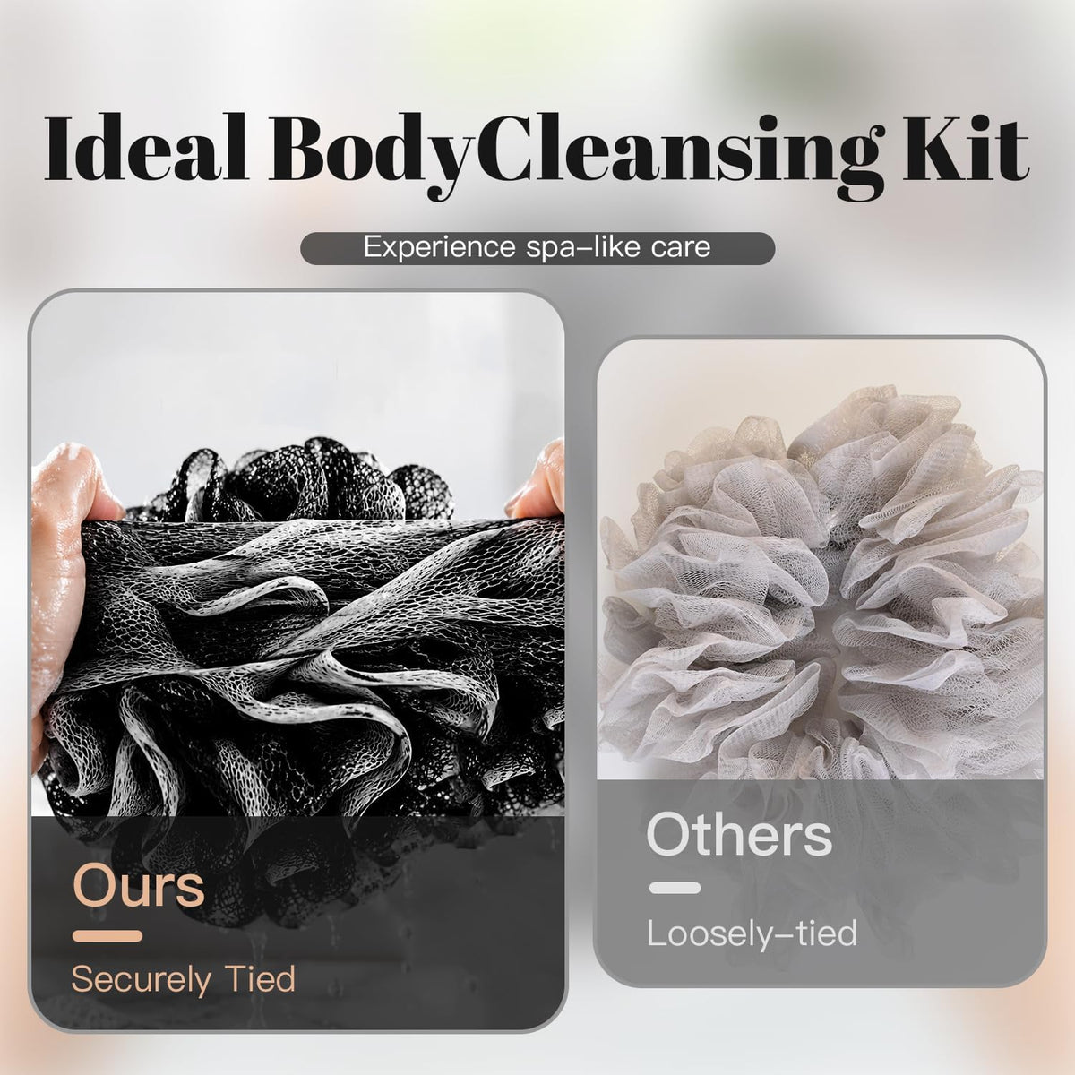 Charcoal 100g Loofah Sponge, Loofah with Hanging Loop 4 pcs, XXXL Mesh Black Bath Sponge Puff Set, Exfoliating & Soothing Shower Loofah for Men – Back & Body Bath Sponge
