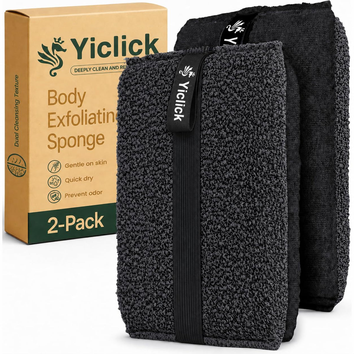 Yiclick Exfoliating Body Scrubber (2 Pack), Body Scrubber Exfoliator, Exfoliating Sponge for Shower Bath, Shower Loofah Luffa Lufa with Handle for Men Women, Dead Skin Exfoliator for Body Scrub