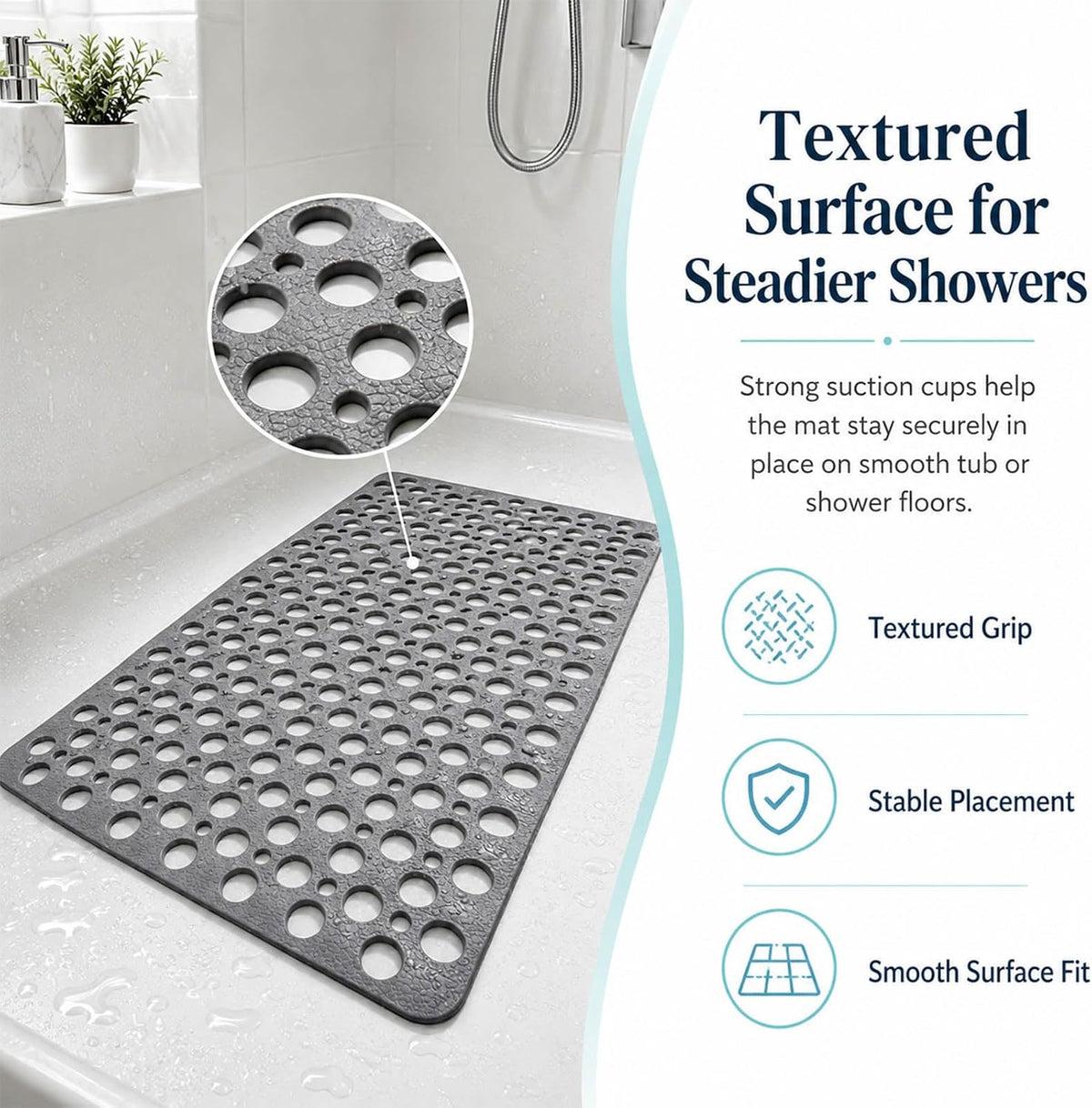Casa and Beyond Shower Mat, Non Slip Shower Mats, Secure Shower Mats Easy to Clean,Washable Non-Slip Bathtub Mats for Inside Showers (Grey,27.6 * 15 in)