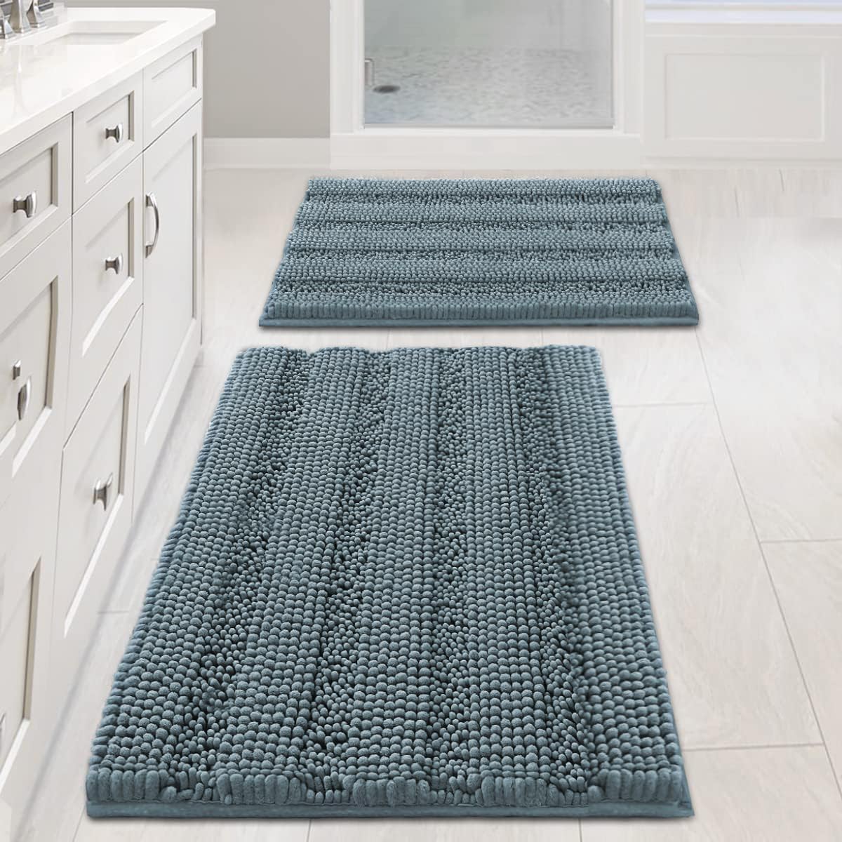 H.VERSAILTEX Grey Bathroom Rug Set Bath Mats, 2 Piece Bath Rugs Non Slip Thick Soft Chenille Striped Bath Rug Set, Bath Mats for Bathroom Sets (Grey, 20" x 32"/17" x 24")