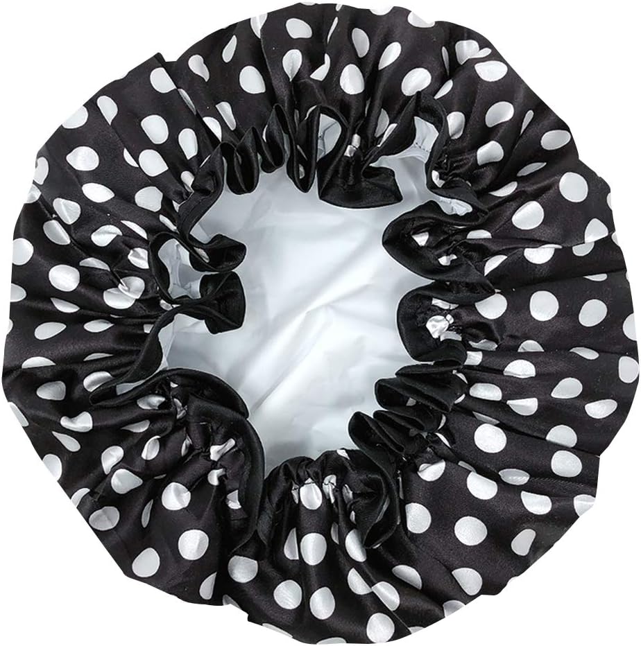 allydrew Reusable Women's Waterproof Shower Caps for Long Hair, Black and White Dots