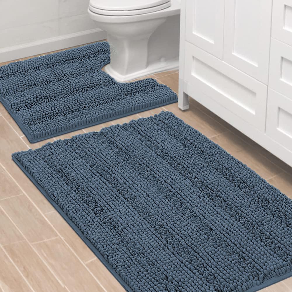 H.VERSAILTEX Grey Bathroom Rug Set Bath Mats, 2 Piece Bath Rugs Non Slip Thick Soft Chenille Striped Bath Rug Set, Bath Mats for Bathroom Sets (Grey, 20" x 32"/17" x 24")