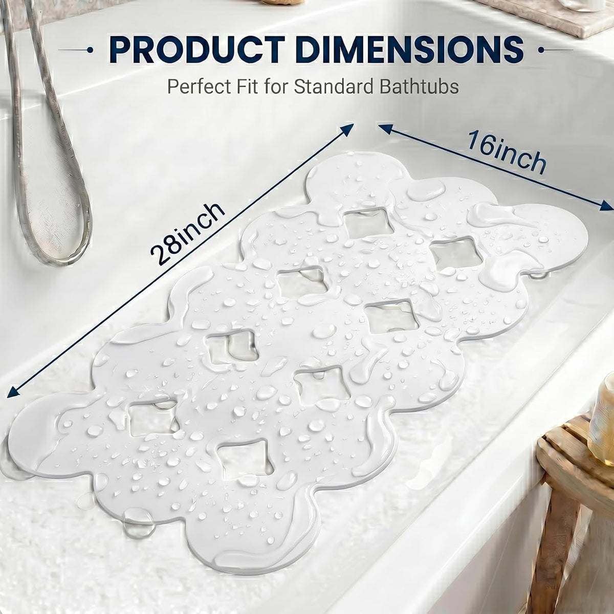 Webos Patented Non Slip Bathtub Mat Shower Bath Mats with Strong Suction Cups Superior Grip&Drainage Soft Heavy Duty Natural Rubber Bath Mat for Inside The tub (White, 28x16 inch)