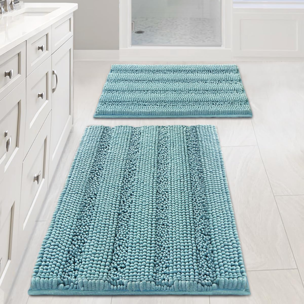 H.VERSAILTEX Grey Bathroom Rug Set Bath Mats, 2 Piece Bath Rugs Non Slip Thick Soft Chenille Striped Bath Rug Set, Bath Mats for Bathroom Sets (Grey, 20" x 32"/17" x 24")