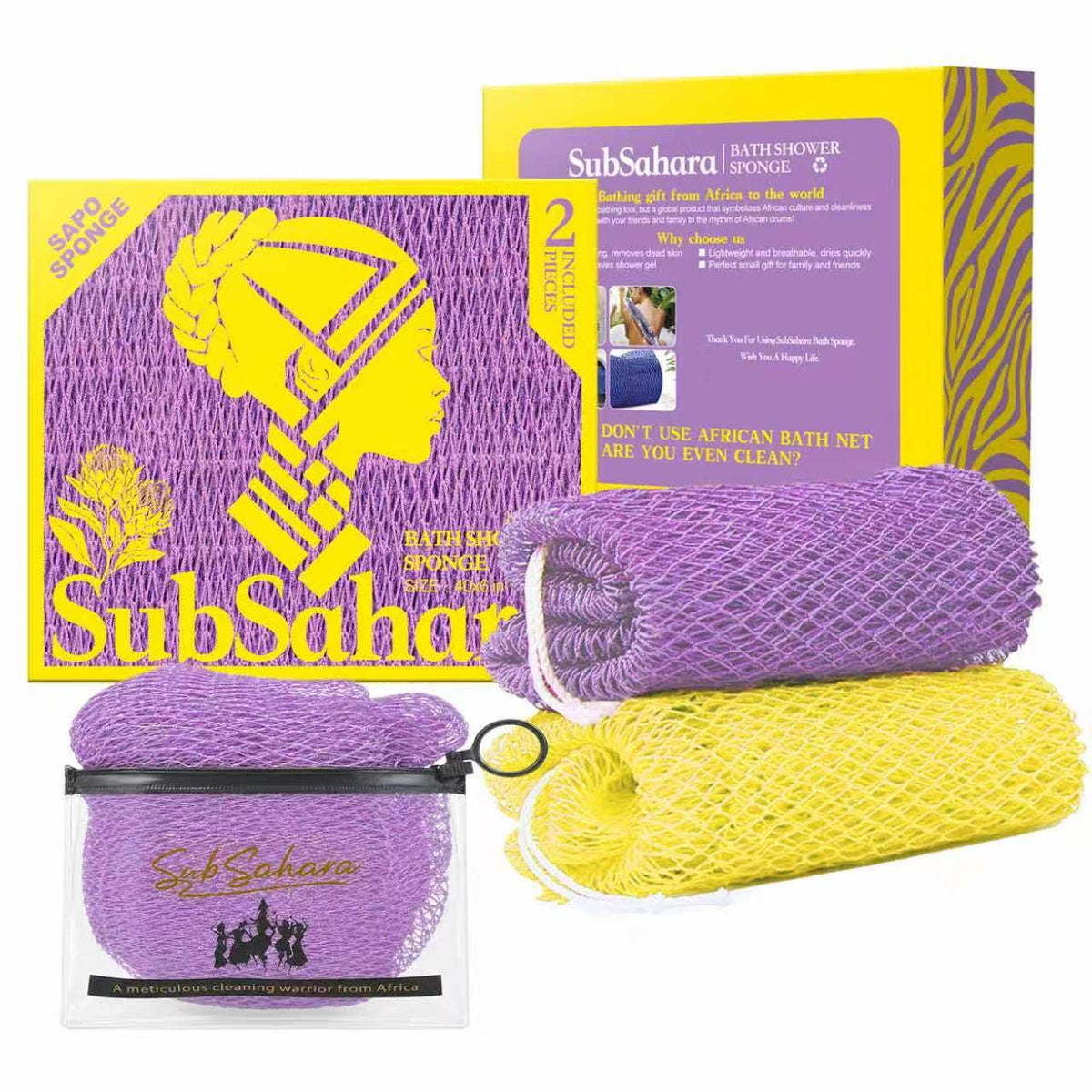 SubSahara African Net Sponge, 2 Pack 45-Inch Exfoliating Bath Scrubber
