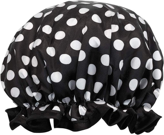 allydrew Reusable Women's Waterproof Shower Caps for Long Hair, Black and White Dots