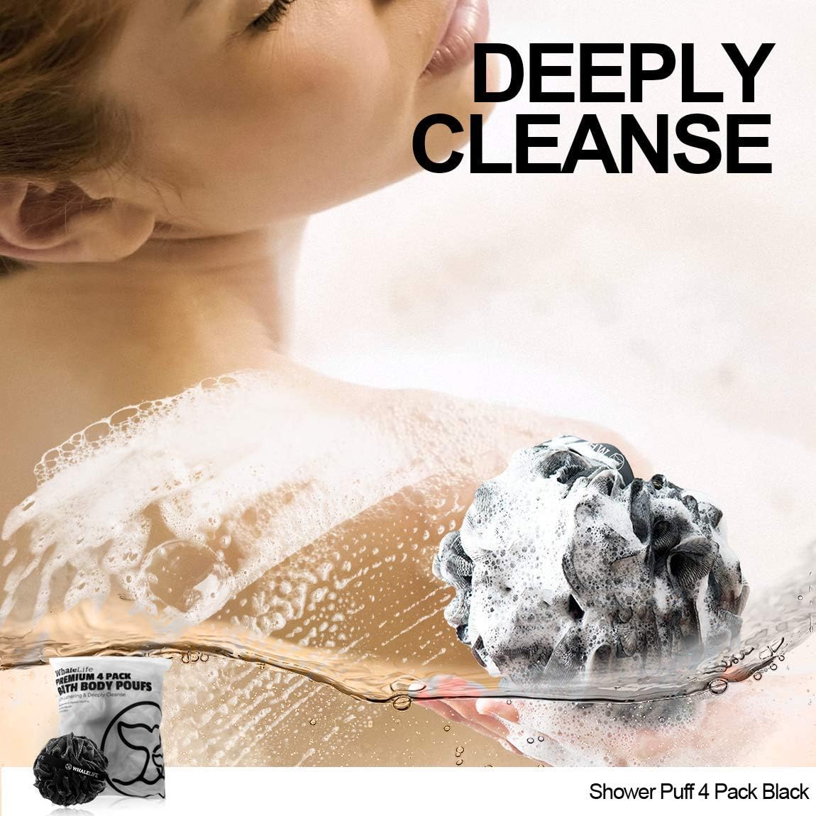 WhaleLife Bath Loofah Sponge for Shower - Body Scrubber 4-Pack Black