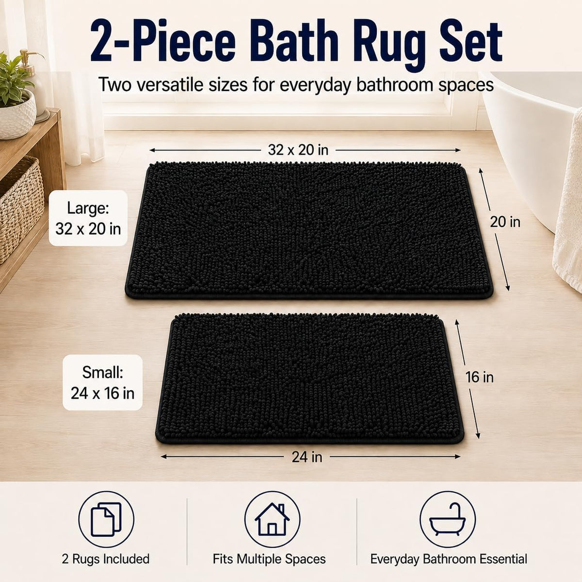 RUN HELIX Bathroom Rugs Set 2 Piece Thick Chenille Bath Mats, Soft Quick Dry Plush Absorbent Bath Rugs with Non-Slip PVC Backing, 32x20+24x16 Inch Black