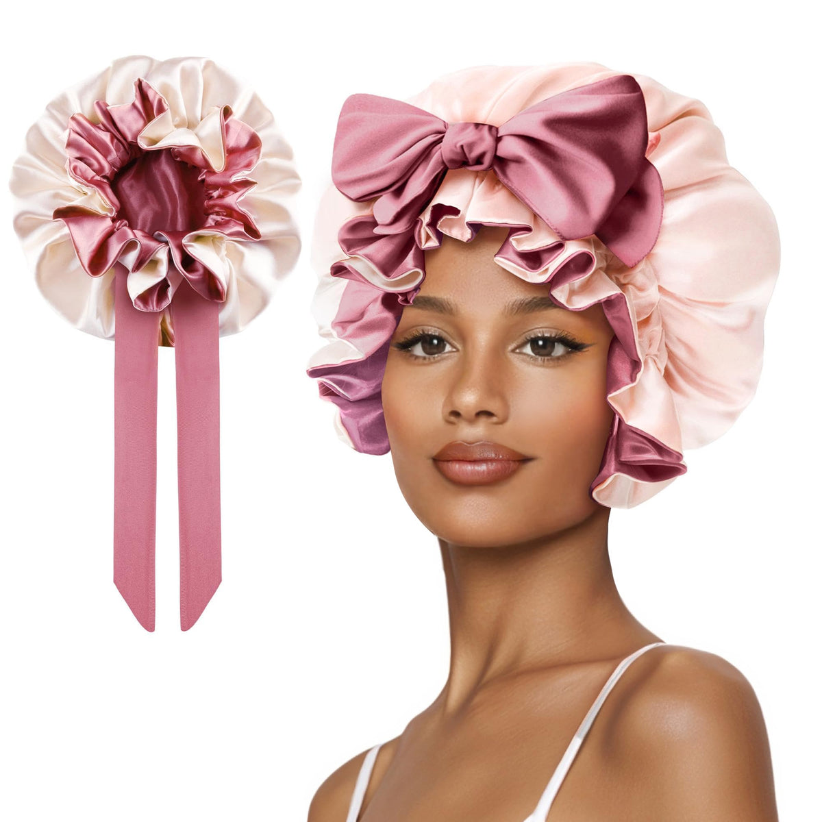 Silk Bonnet for Sleeping Women, Satin Hair Shower Cap 2025 Tie Band Adjustable Straps Head Wrap for Curly Hair Strawberries F