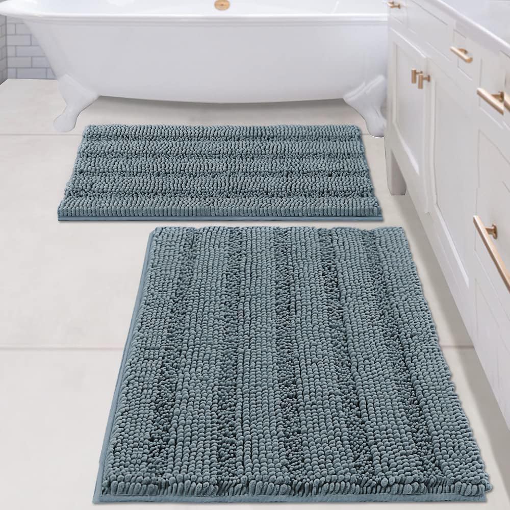 H.VERSAILTEX Grey Bathroom Rug Set Bath Mats, 2 Piece Bath Rugs Non Slip Thick Soft Chenille Striped Bath Rug Set, Bath Mats for Bathroom Sets (Grey, 20" x 32"/17" x 24")