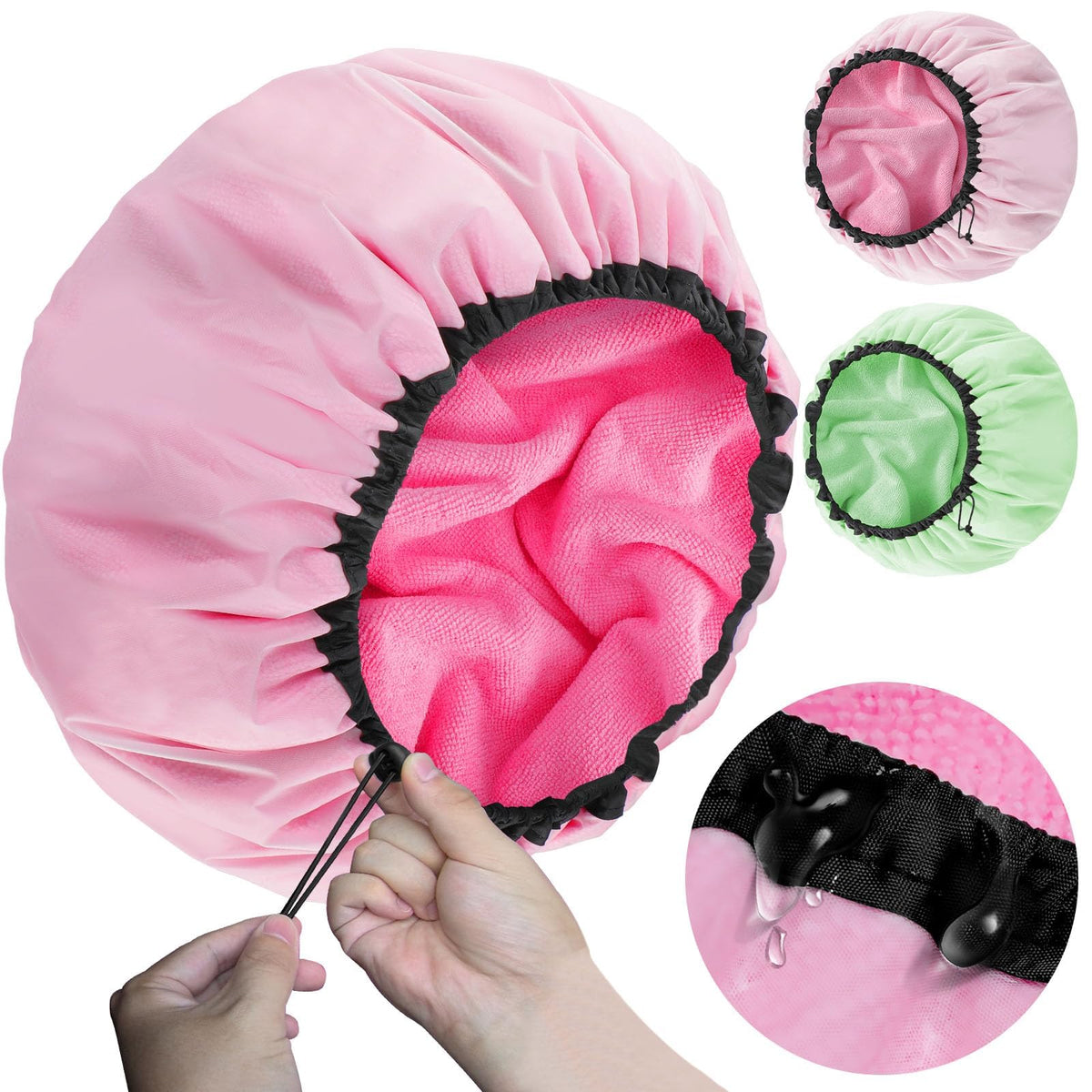 Sheomern 2 Pcs 15" XL Extra Large Terry Lined Shower Cap, Adjustable Dual Waterproof Shower Cap for Women Reusable Soft Hair Cap Bath Cap for Long Braids, Thick Hair, Locs, Curly Hair