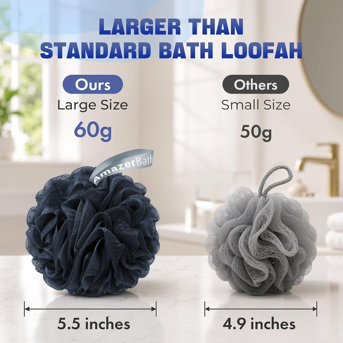 AmazerBath Loofah Sponge 60g/Piece, Exfoliating Bath Sponge Body Scrubber - Loofa Set of 4 Grey Blue-Pink-Grey-White