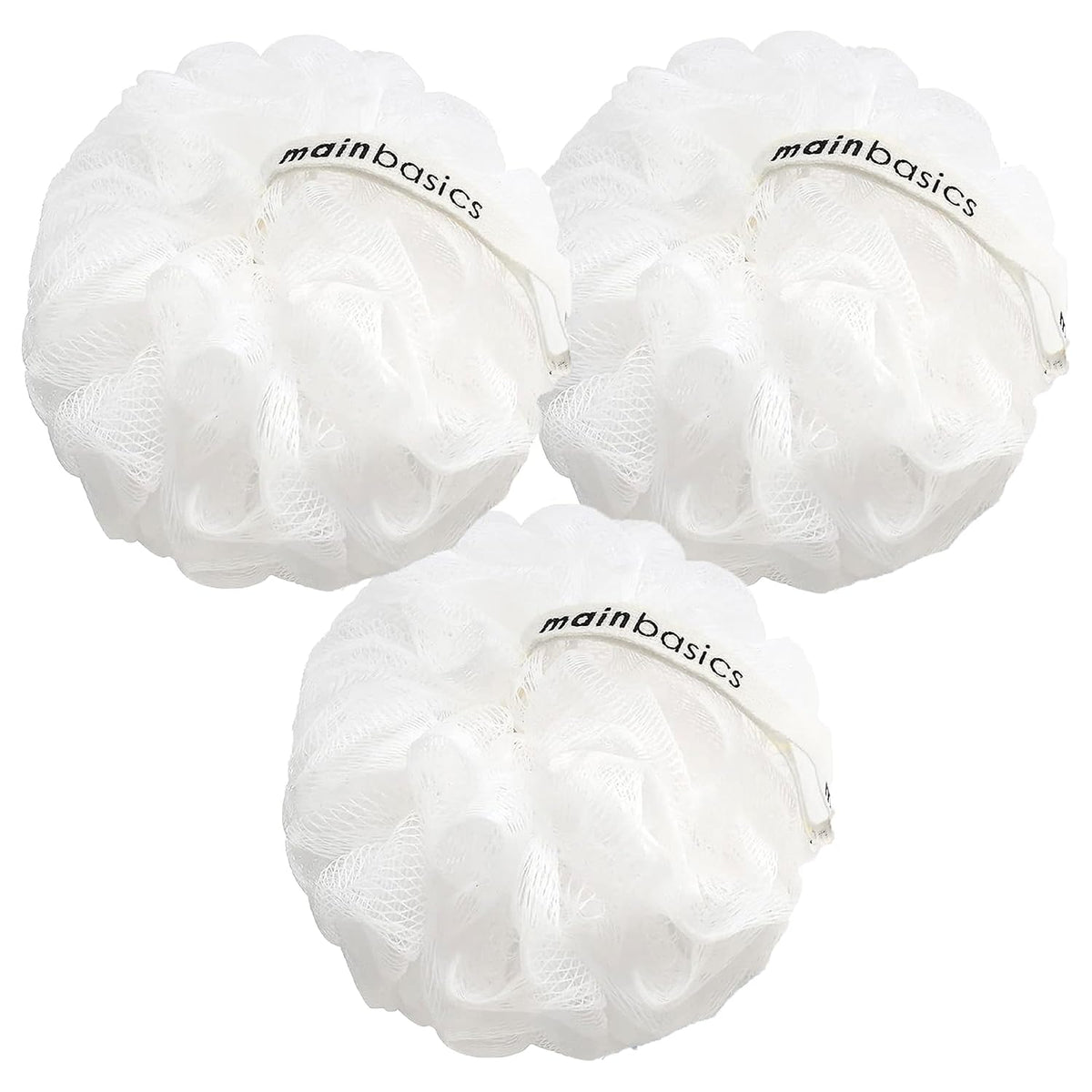 MainBasics Shower Loofah Sponge Pouf, Set of 3, Snow White