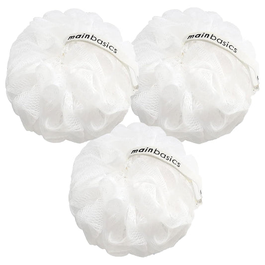 MainBasics Shower Loofah Sponge Pouf, Set of 3, Snow White
