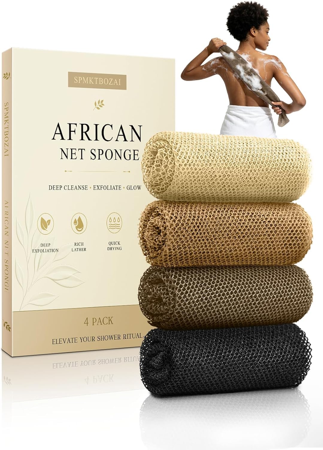 SPMKTBOZAI 4 Pack African Net Sponge, African Exfoliating Net for Body
