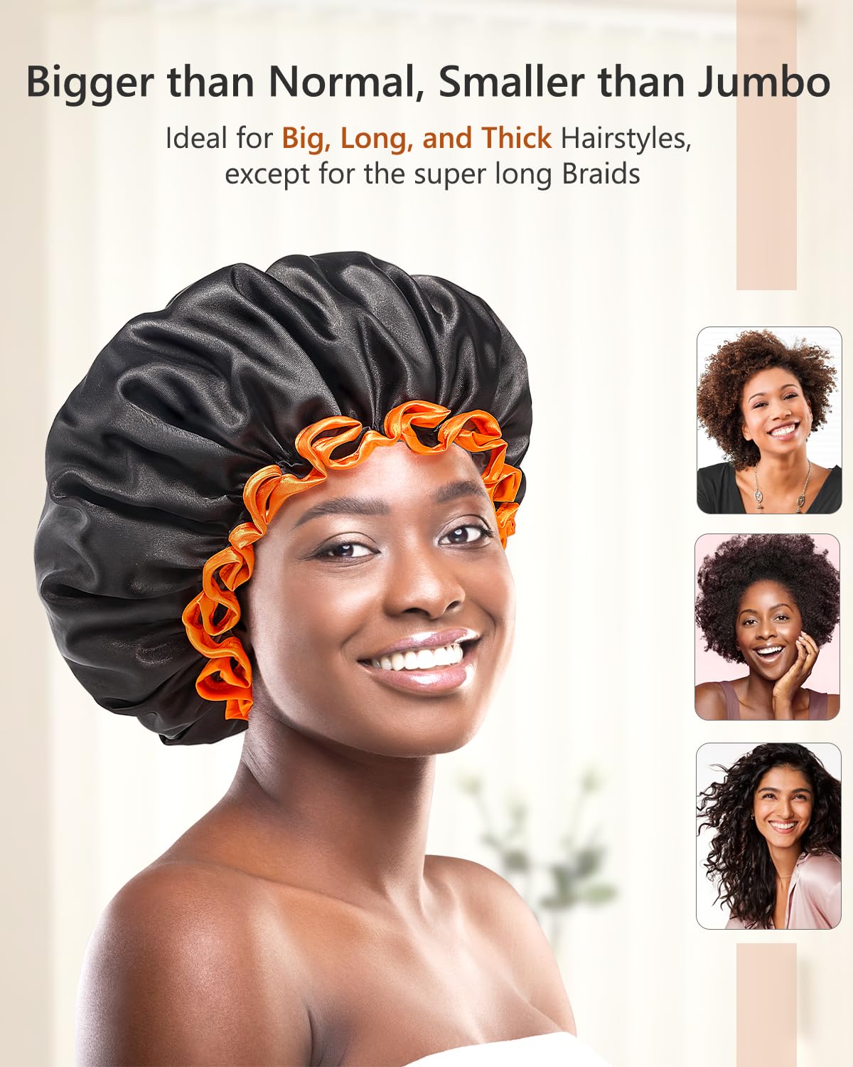 mikimini Extra Large Black Shower Caps Pack of 2 for Women and Men Thick Long Hair Braids, Reusable Waterproof Double Layers XL Bathing Hair Cap with Vibrant Orange Edge (Black)