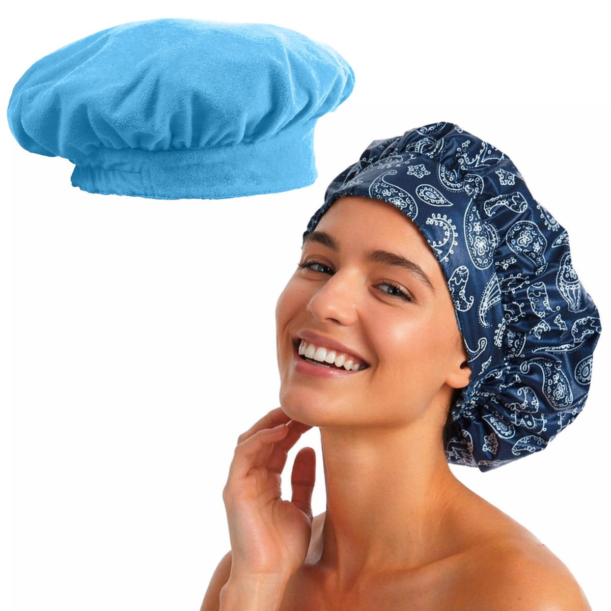 TIARA Reversible, Reusable, Waterproof Shower Cap – Large Shower Cap for Long. Short, Braided, or Thick Hair, Reversible Deep Conditioning Hair Cap, Soft Terry Lined, Machine Washable (Blue Dots)