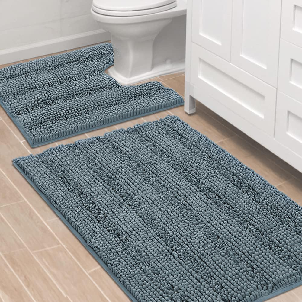 H.VERSAILTEX Grey Bathroom Rug Set Bath Mats, 2 Piece Bath Rugs Non Slip Thick Soft Chenille Striped Bath Rug Set, Bath Mats for Bathroom Sets (Grey, 20" x 32"/17" x 24")