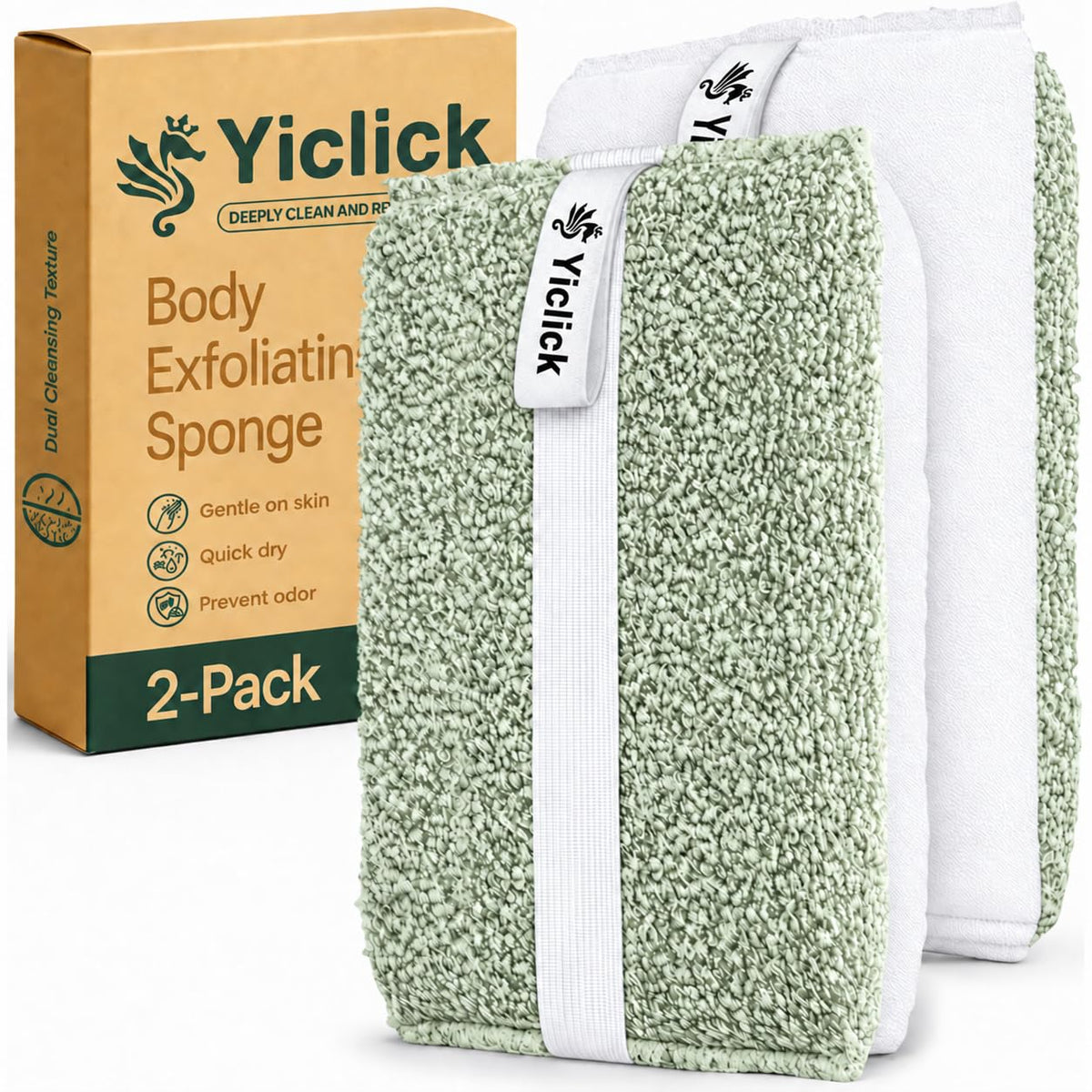 Yiclick Exfoliating Body Scrubber (2 Pack), Body Scrubber Exfoliator, Exfoliating Sponge for Shower Bath, Shower Loofah Luffa Lufa with Handle for Men Women, Dead Skin Exfoliator for Body Scrub