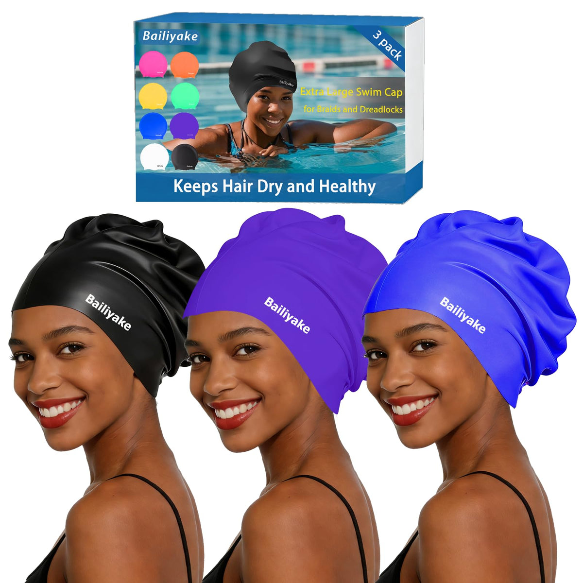 3 Pack Extra Large Swim Cap for Braids & Dreadlocks - Waterproof Silicone Swim Hat for Women with Long Thick Hair, Protective Swim Cap Cover Ears for Swimming, Shower, Bathing
