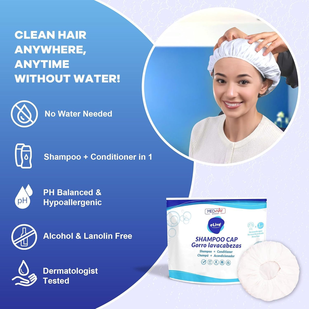 MedVance Rinse Free Shampoo & Conditioning Shower Cap Dry Hair Wash, 3 Pack