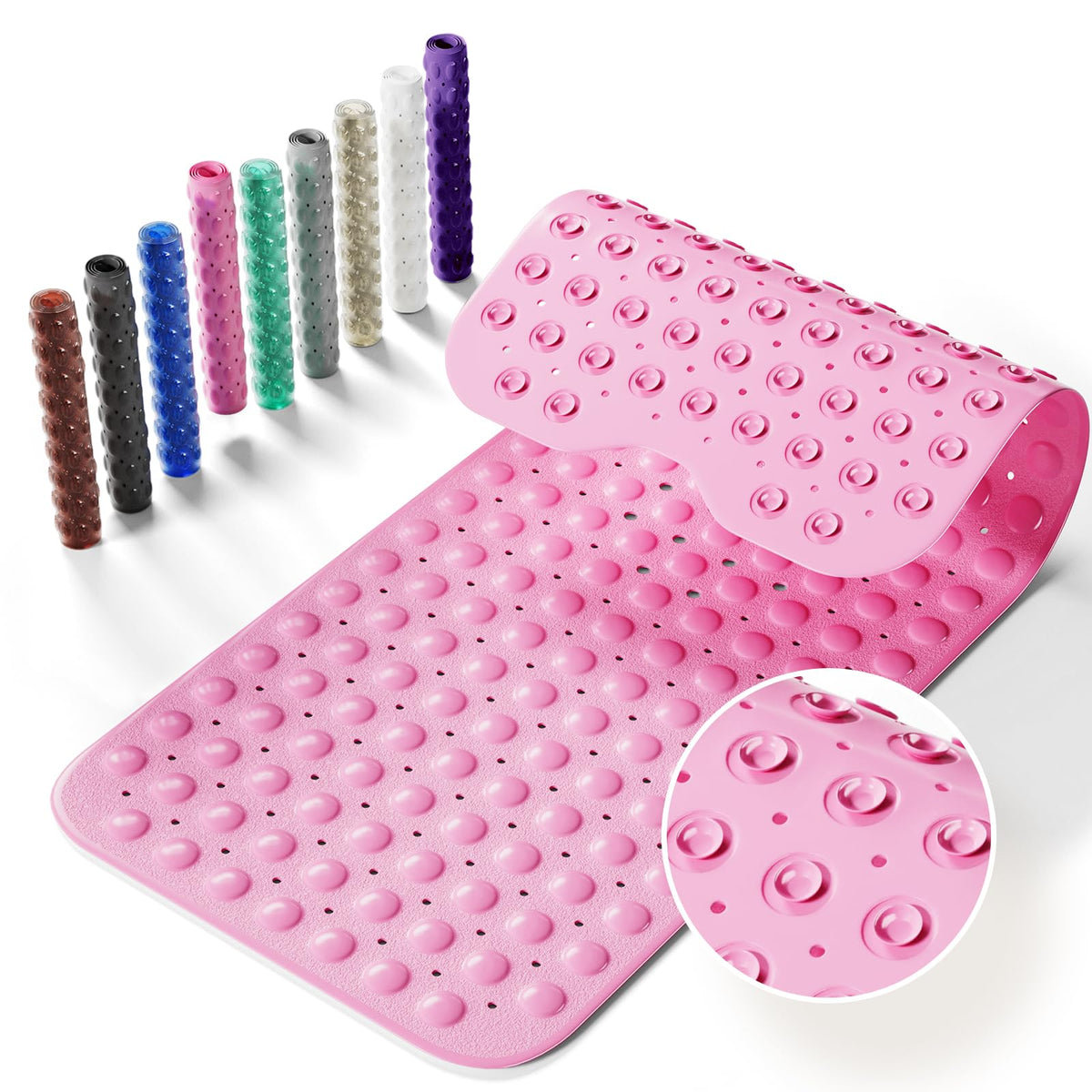 Non-Slip Bath Tub Mat, 39x16 Inch Extra Large Shower Mat with Drain Holes & Suction Cups, Machine Washable, Pink
