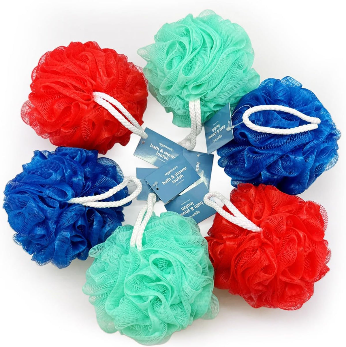 Amazon Basics Exfoliating Bath and Shower Loofah, Multicolor, Pack of 6