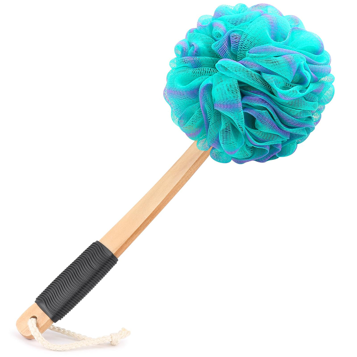 FORENEE Black Loofah on a Stick, PE Mesh Back Scrubber with Wood Handle