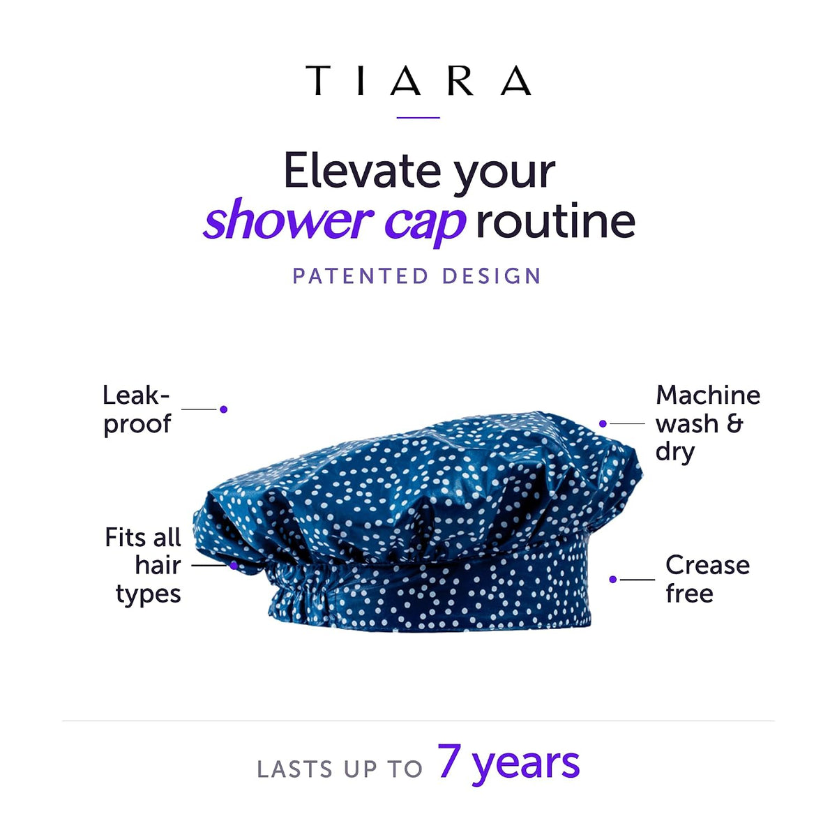 TIARA Reversible, Reusable, Waterproof Shower Cap – Large Shower Cap for Long. Short, Braided, or Thick Hair, Reversible Deep Conditioning Hair Cap, Soft Terry Lined, Machine Washable (Blue Dots)