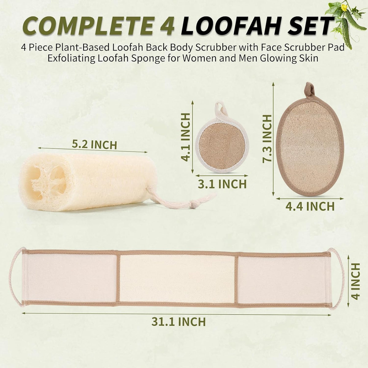 DEBETOOL 4-Piece Natural Loofah Back Scrubber with Face Scrubber Pad