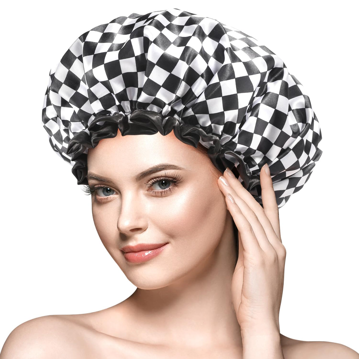 mikimini Shower Cap for Women, Reusable, Double Layers Waterproof Bathing Shower Hat with Soft Comfortable PEVA Lining, Non-fading, Stretchy & Shower Cap for Long Hair Medium Pack of 2, Checkered