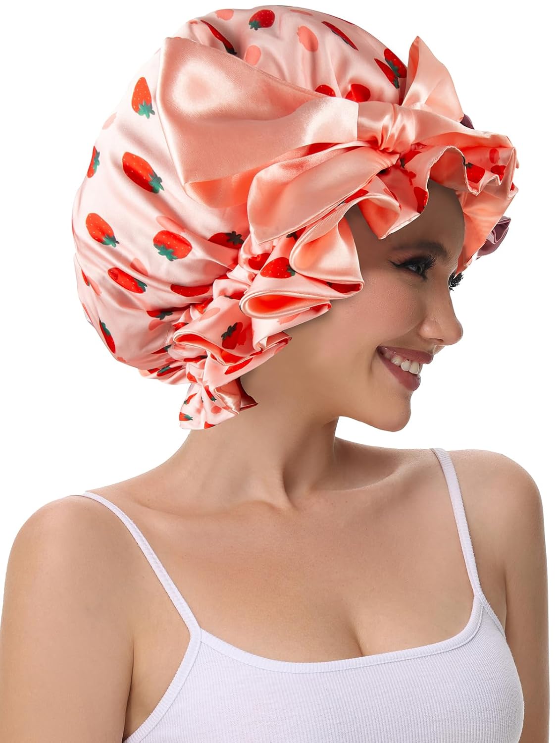 Silk Bonnet for Sleeping Women, Satin Hair Shower Cap 2025 Tie Band Adjustable Straps Head Wrap for Curly Hair Strawberries F