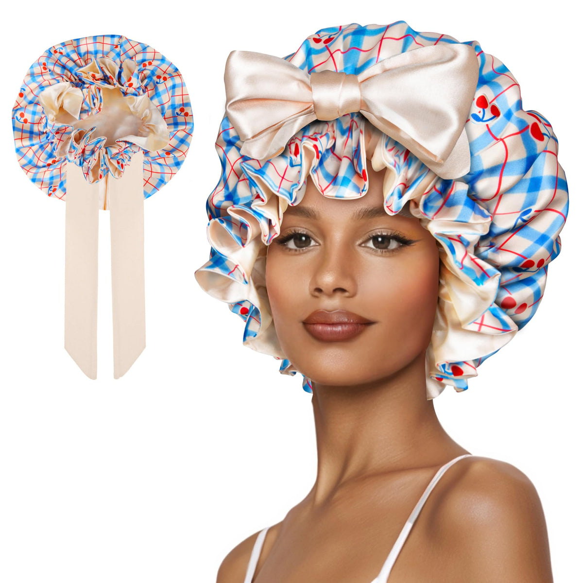 Silk Bonnet for Sleeping Women, Satin Hair Shower Cap 2025 Tie Band Adjustable Straps Head Wrap for Curly Hair Strawberries F