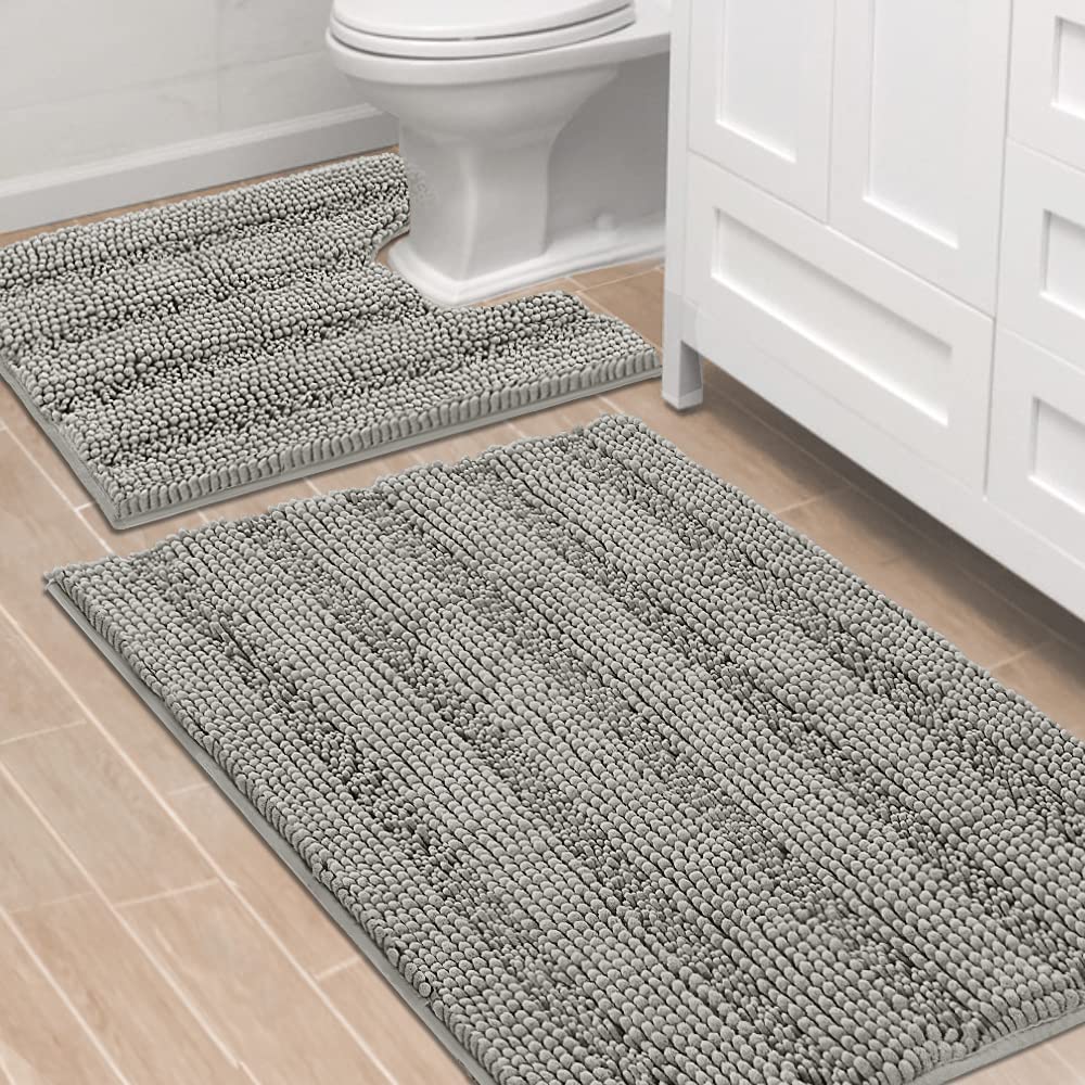 H.VERSAILTEX Grey Bathroom Rug Set Bath Mats, 2 Piece Bath Rugs Non Slip Thick Soft Chenille Striped Bath Rug Set, Bath Mats for Bathroom Sets (Grey, 20" x 32"/17" x 24")